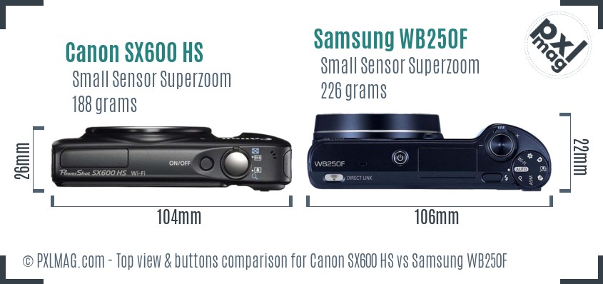 Canon SX600 HS vs Samsung WB250F top view buttons comparison