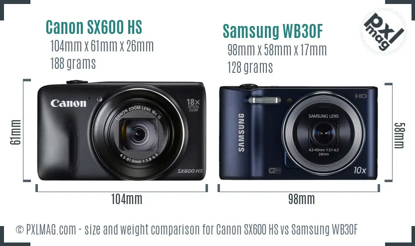Canon SX600 HS vs Samsung WB30F size comparison