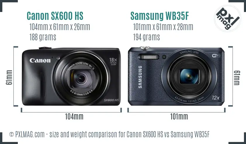 Canon SX600 HS vs Samsung WB35F size comparison