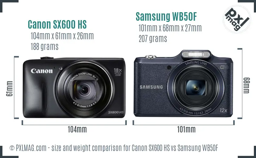 Canon SX600 HS vs Samsung WB50F size comparison
