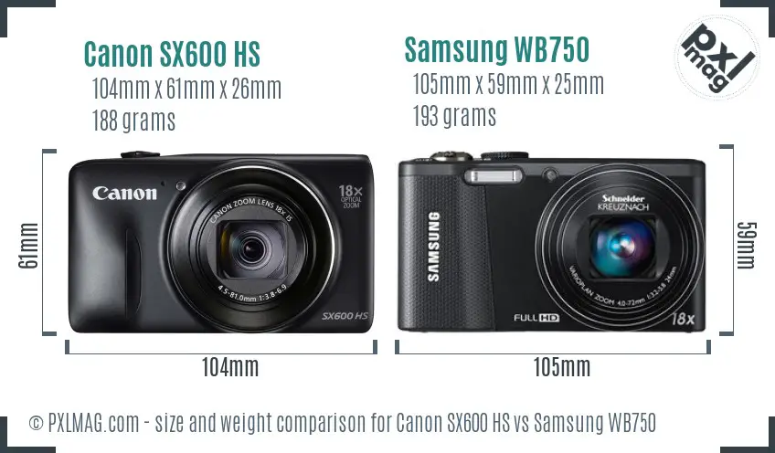 Canon SX600 HS vs Samsung WB750 size comparison