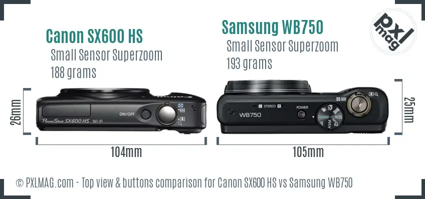 Canon SX600 HS vs Samsung WB750 top view buttons comparison