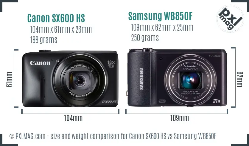 Canon SX600 HS vs Samsung WB850F size comparison