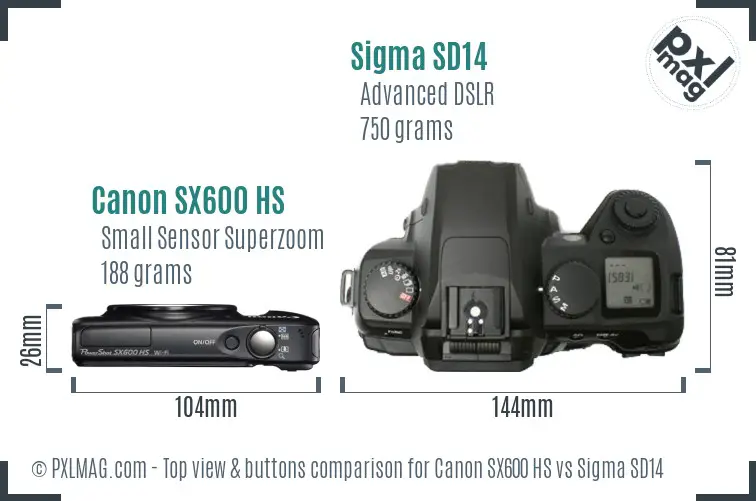 Canon SX600 HS vs Sigma SD14 top view buttons comparison