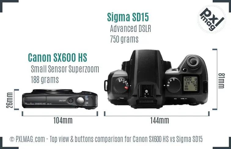 Canon SX600 HS vs Sigma SD15 top view buttons comparison Canon SX600 HS vs Sigma SD15 top view buttons comparison