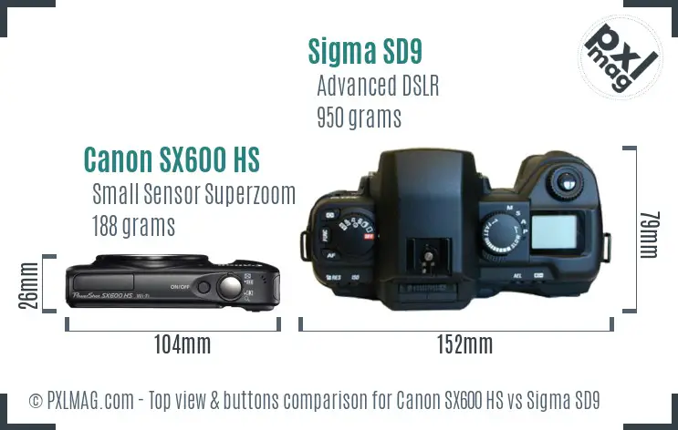 Canon SX600 HS vs Sigma SD9 top view buttons comparison