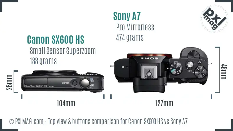 Canon SX600 HS vs Sony A7 top view buttons comparison Canon SX600 HS vs Sony A7 top view buttons comparison