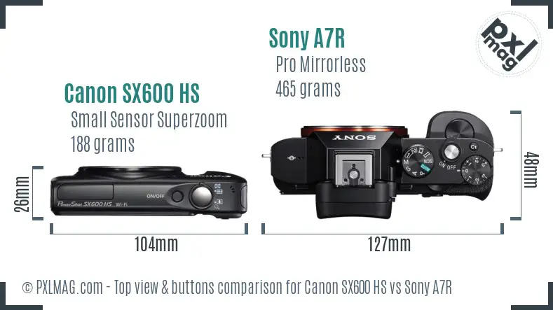 Canon SX600 HS vs Sony A7R top view buttons comparison