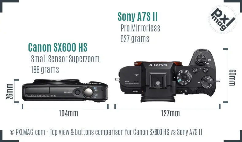 Canon SX600 HS vs Sony A7S II top view buttons comparison