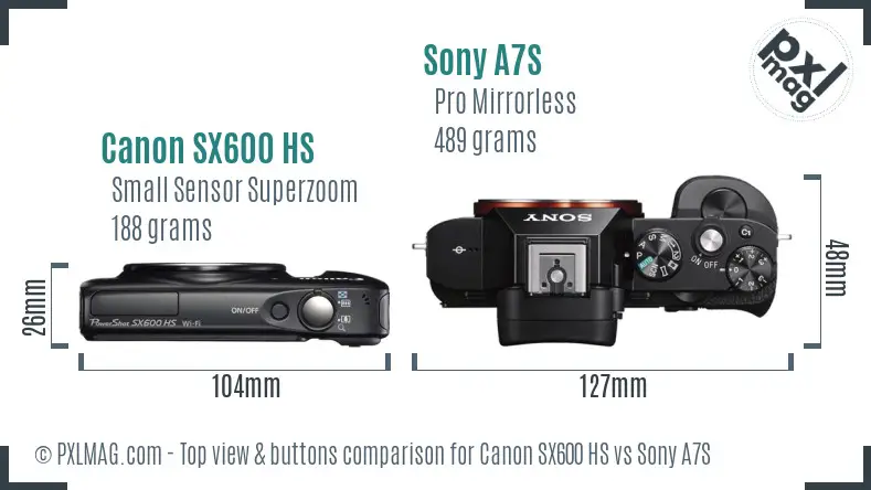 Canon SX600 HS vs Sony A7S top view buttons comparison