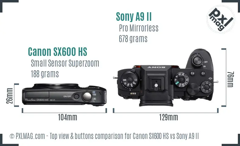 Canon SX600 HS vs Sony A9 II top view buttons comparison