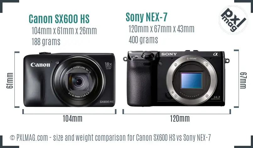Canon SX600 HS vs Sony NEX-7 size comparison