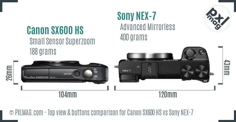 Canon SX600 HS vs Sony NEX-7 top view buttons comparison