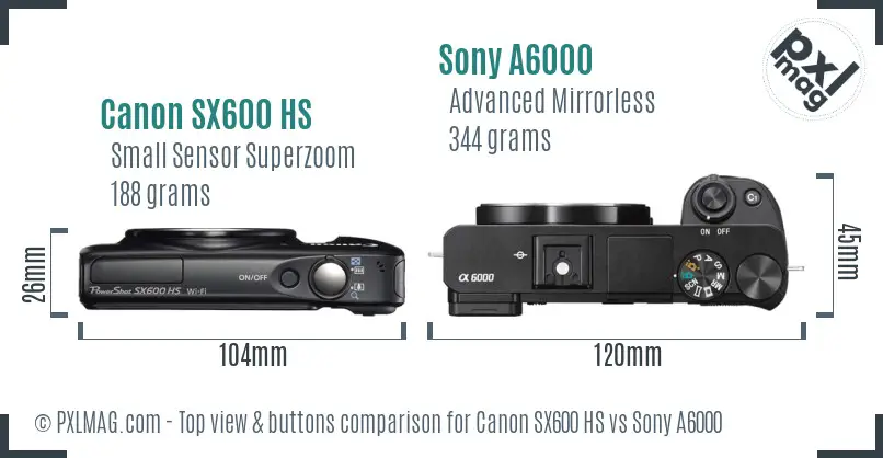 Canon SX600 HS vs Sony A6000 top view buttons comparison