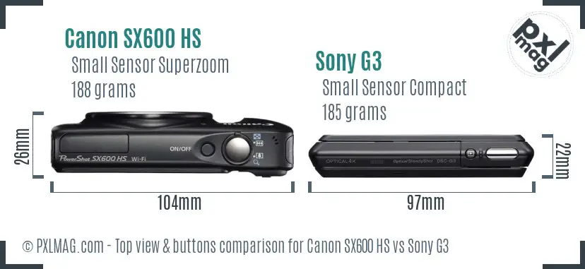 Canon SX600 HS vs Sony G3 top view buttons comparison Canon SX600 HS vs Sony G3 top view buttons comparison