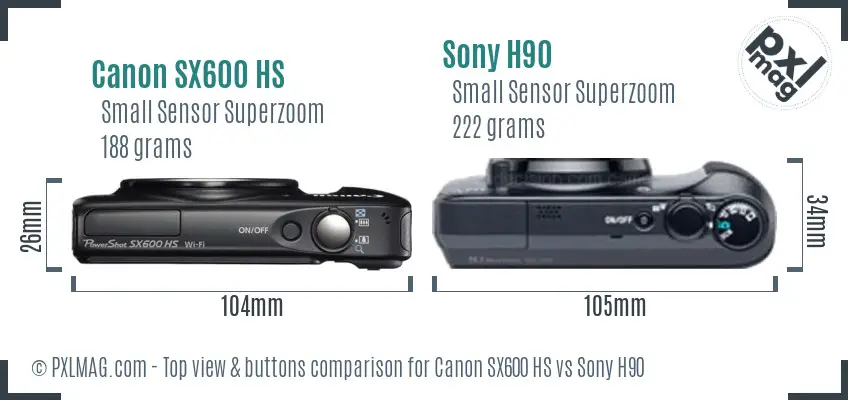 Canon SX600 HS vs Sony H90 top view buttons comparison