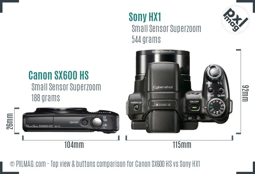 Canon SX600 HS vs Sony HX1 top view buttons comparison