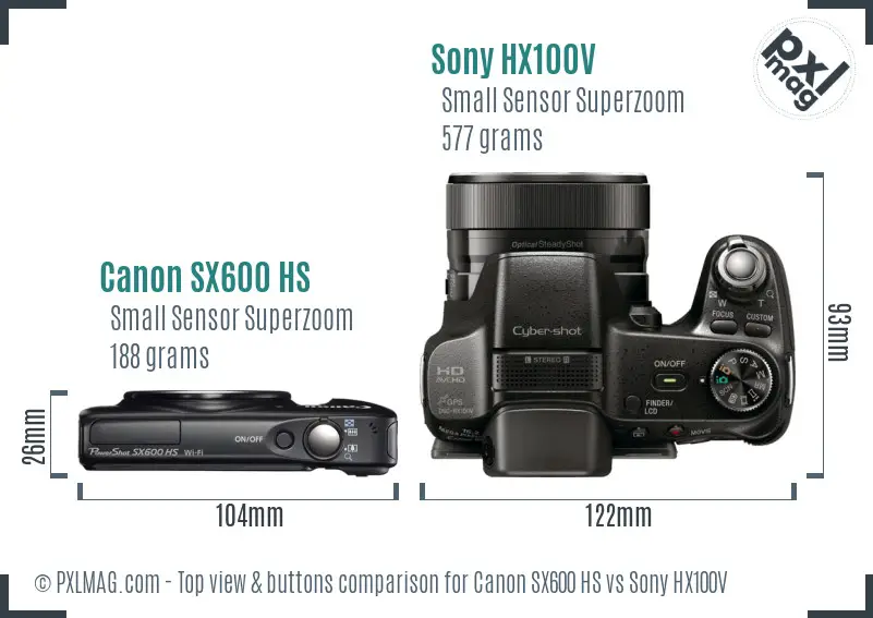 Canon SX600 HS vs Sony HX100V top view buttons comparison Canon SX600 HS vs Sony HX100V top view buttons comparison