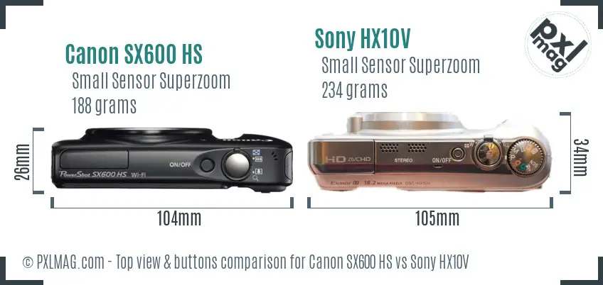 Canon SX600 HS vs Sony HX10V top view buttons comparison Canon SX600 HS vs Sony HX10V top view buttons comparison