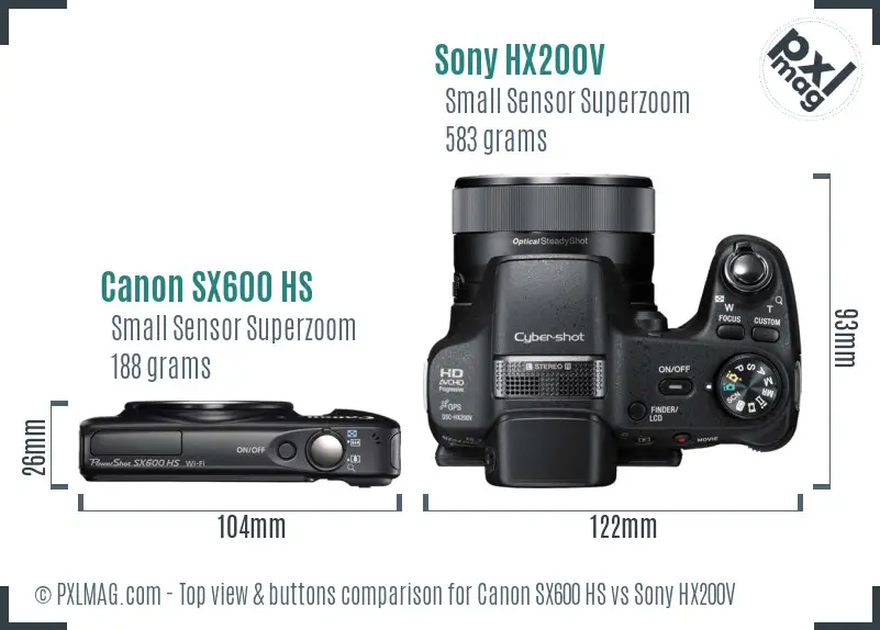 Canon SX600 HS vs Sony HX200V top view buttons comparison