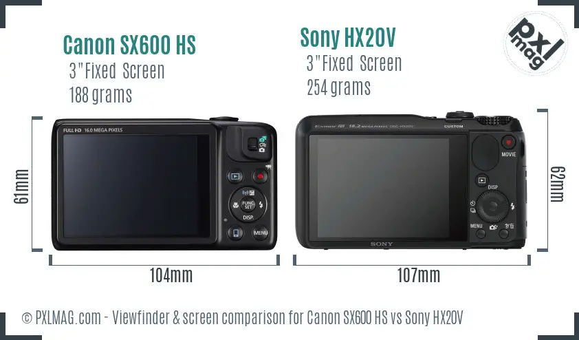 Canon SX600 HS vs Sony HX20V Screen and Viewfinder comparison