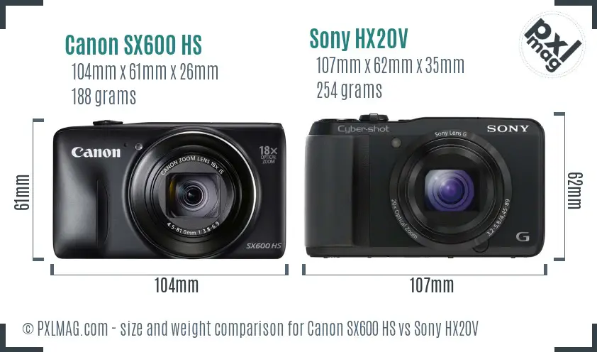 Canon SX600 HS vs Sony HX20V size comparison