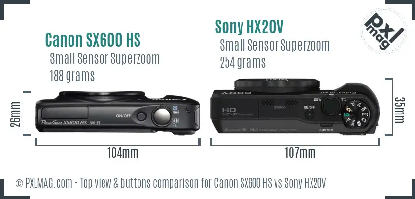 Canon SX600 HS vs Sony HX20V top view buttons comparison