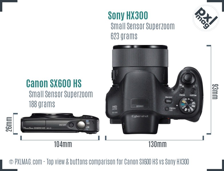 Canon SX600 HS vs Sony HX300 top view buttons comparison