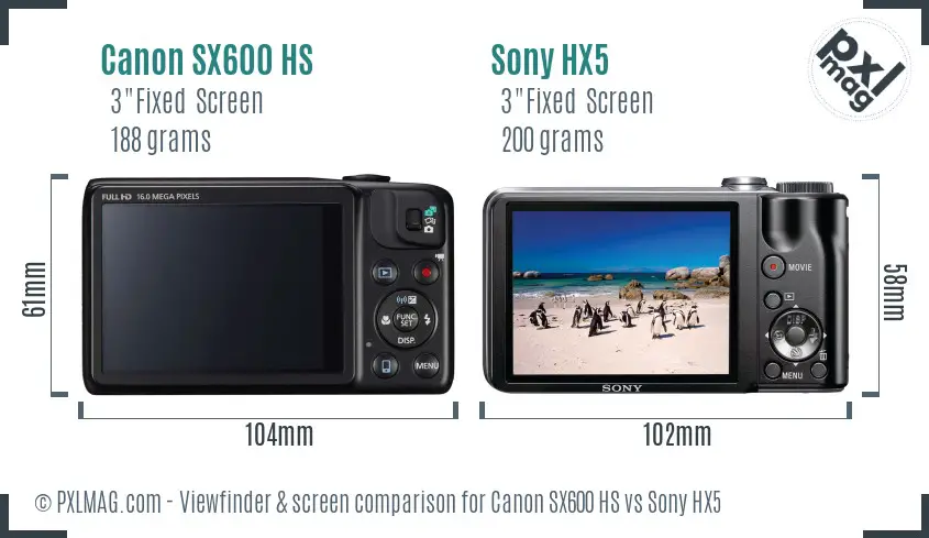 Canon SX600 HS vs Sony HX5 Screen and Viewfinder comparison