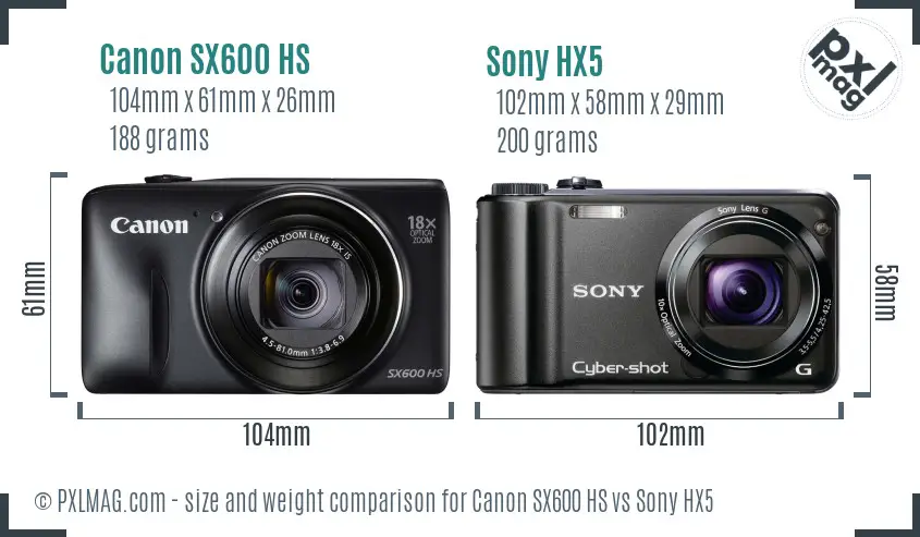 Canon SX600 HS vs Sony HX5 size comparison