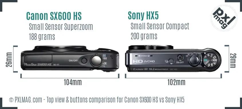 Canon SX600 HS vs Sony HX5 top view buttons comparison