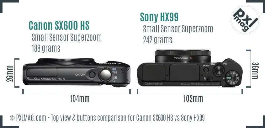 Canon SX600 HS vs Sony HX99 top view buttons comparison