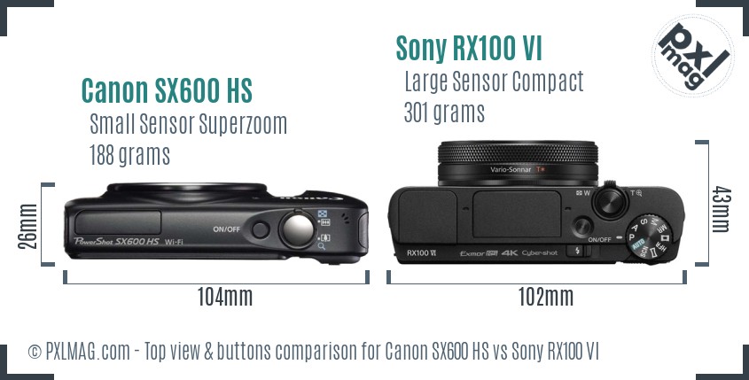 Canon SX600 HS vs Sony RX100 VI top view buttons comparison