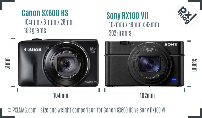 Canon SX600 HS vs Sony RX100 VII size comparison