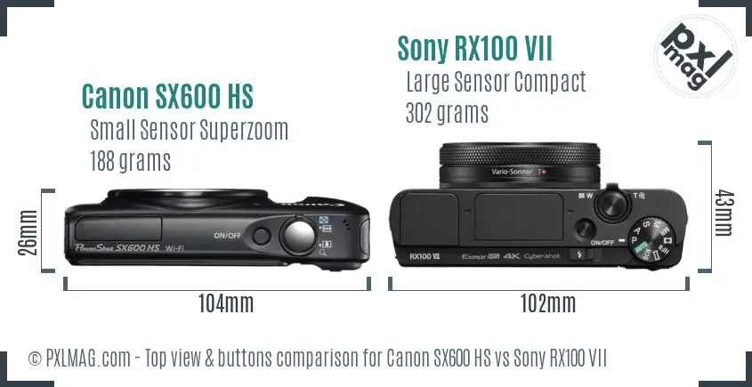 Canon SX600 HS vs Sony RX100 VII top view buttons comparison