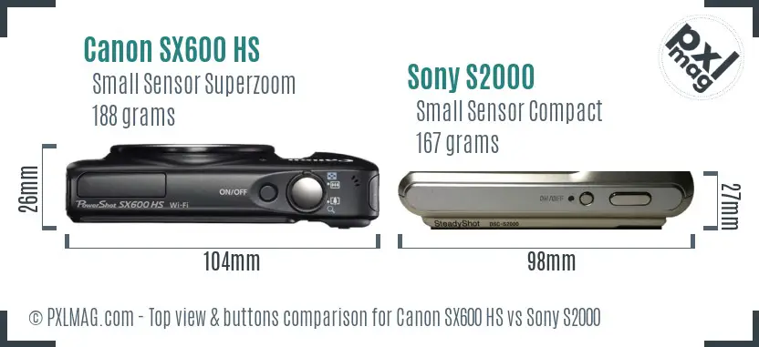 Canon SX600 HS vs Sony S2000 top view buttons comparison