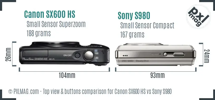 Canon SX600 HS vs Sony S980 top view buttons comparison