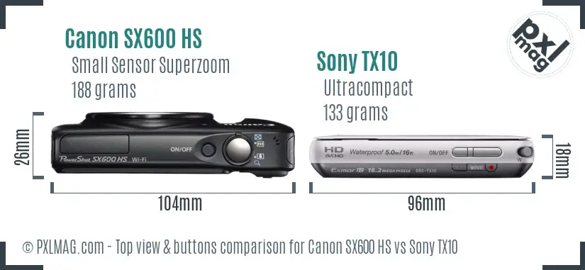 Canon SX600 HS vs Sony TX10 top view buttons comparison Canon SX600 HS vs Sony TX10 top view buttons comparison
