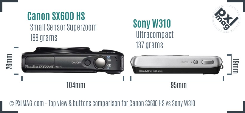 Canon SX600 HS vs Sony W310 top view buttons comparison