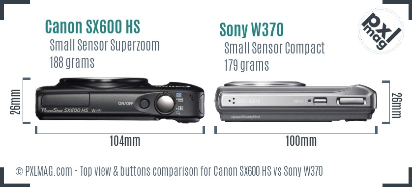Canon SX600 HS vs Sony W370 top view buttons comparison