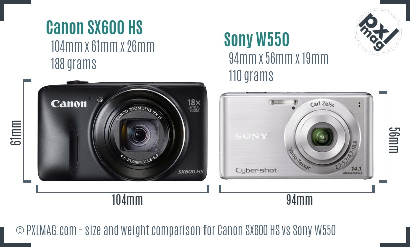 Canon SX600 HS vs Sony W550 size comparison