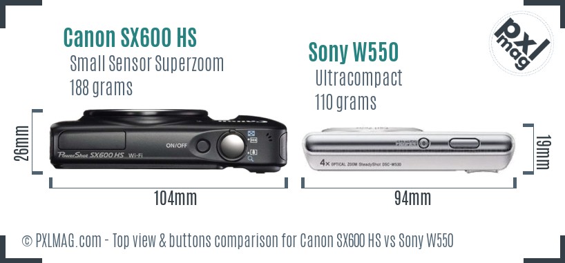 Canon SX600 HS vs Sony W550 top view buttons comparison