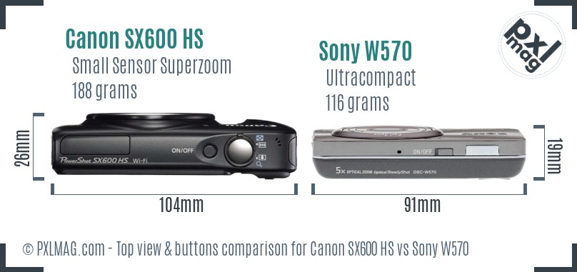 Canon SX600 HS vs Sony W570 top view buttons comparison