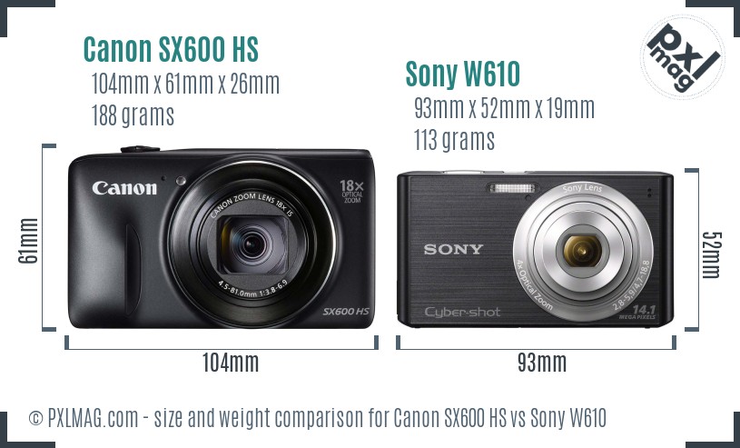 Canon SX600 HS vs Sony W610 size comparison