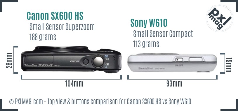 Canon SX600 HS vs Sony W610 top view buttons comparison