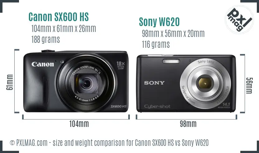 Canon SX600 HS vs Sony W620 size comparison