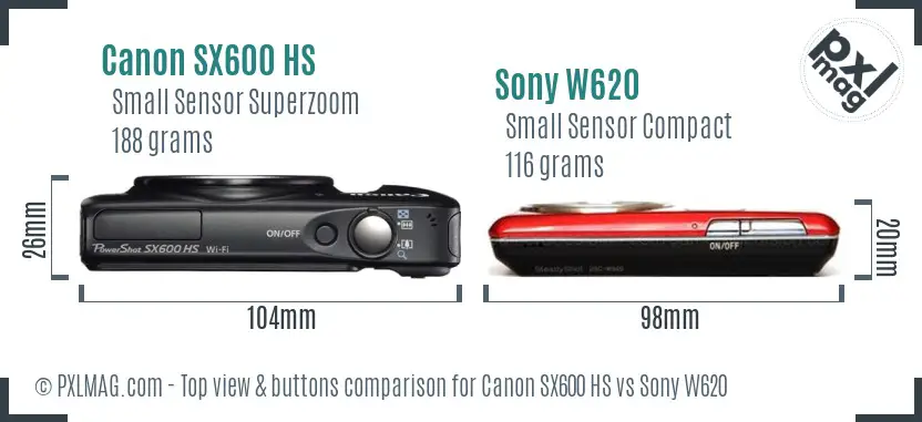 Canon SX600 HS vs Sony W620 top view buttons comparison