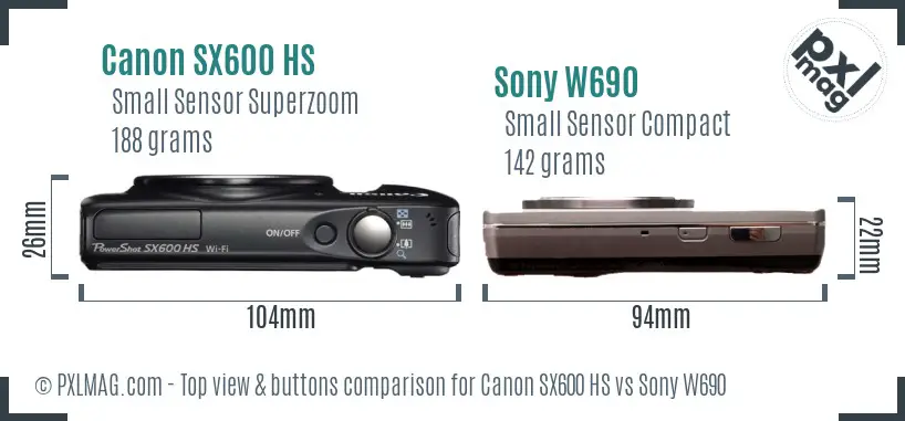 Canon SX600 HS vs Sony W690 top view buttons comparison