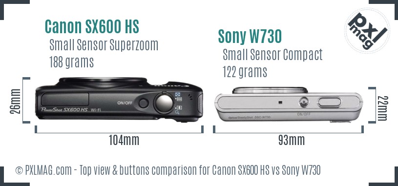 Canon SX600 HS vs Sony W730 top view buttons comparison