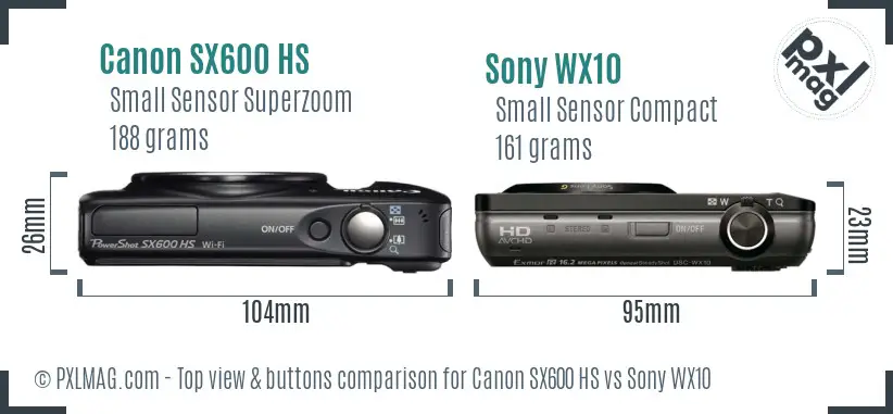 Canon SX600 HS vs Sony WX10 top view buttons comparison